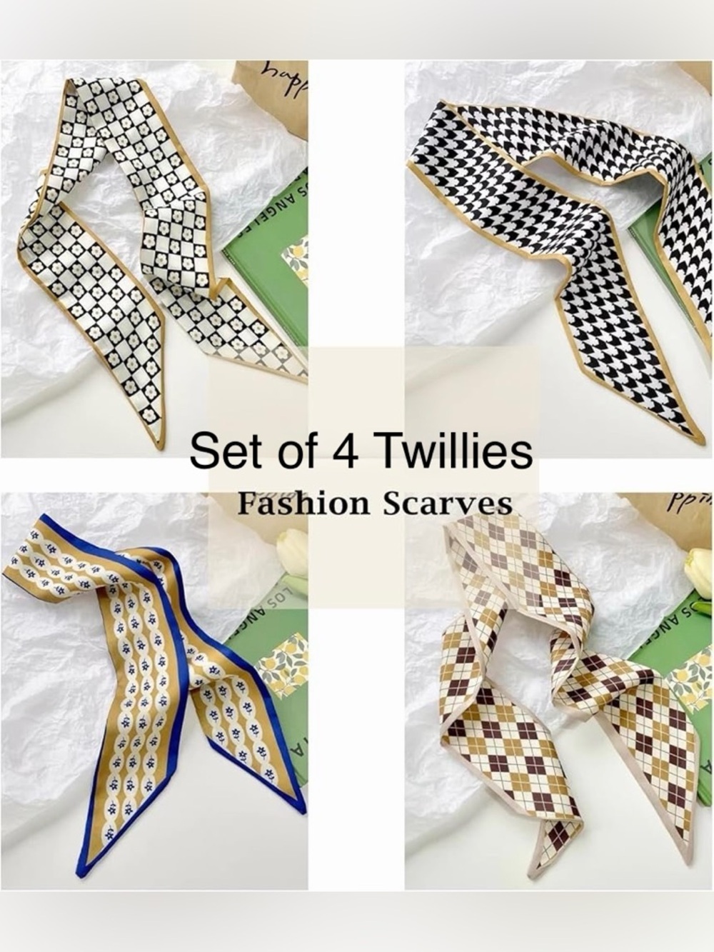 NWT Retro Skinny Scarf Set • French Girl Twilly Bundle • Mod Floral & Argyle - Picture 3 of 6